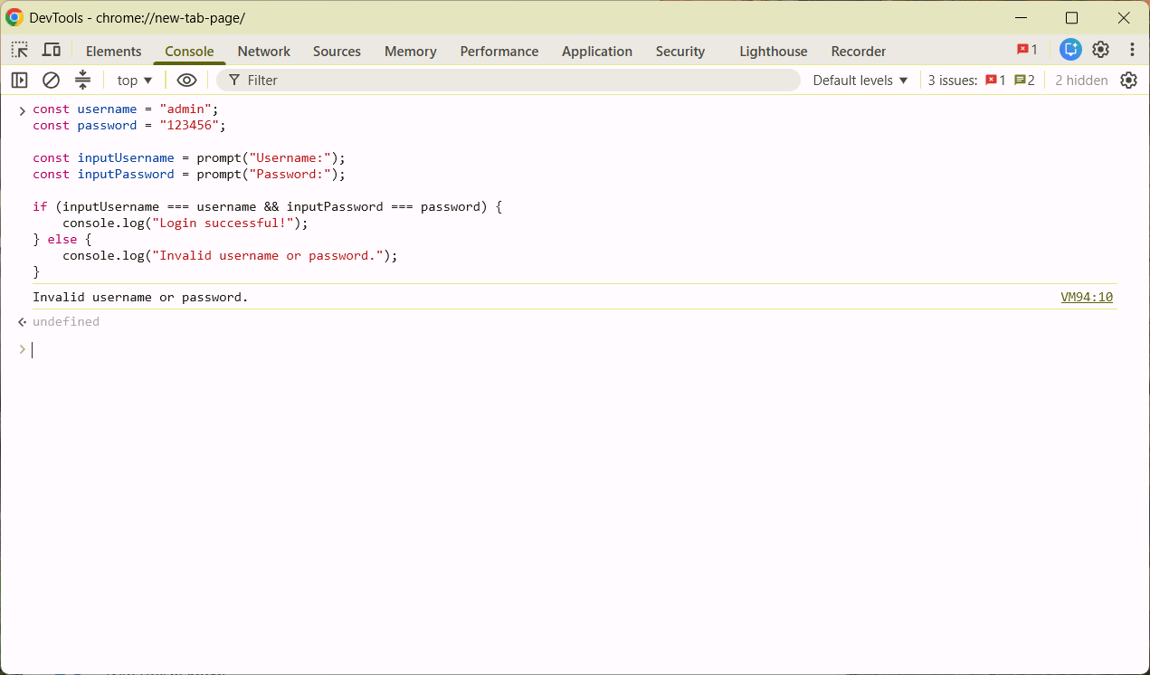 screenshot showing JavaScript running in the browser console