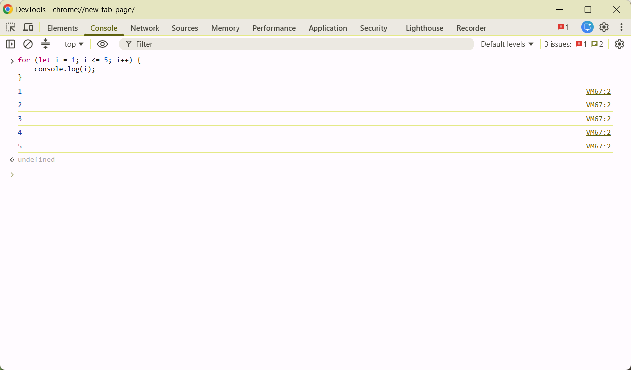  JavaScript loop example in browser console