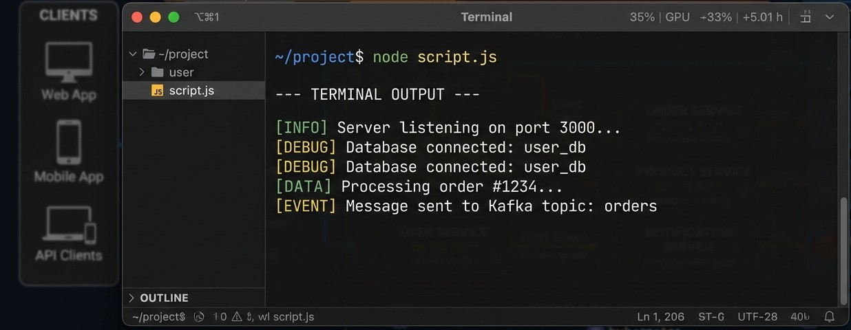 screenshot showing Node.js executing a JavaScript file in the terminal