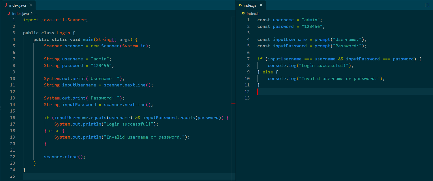 screenshot showing Java and JavaScript code side by side in VS Code